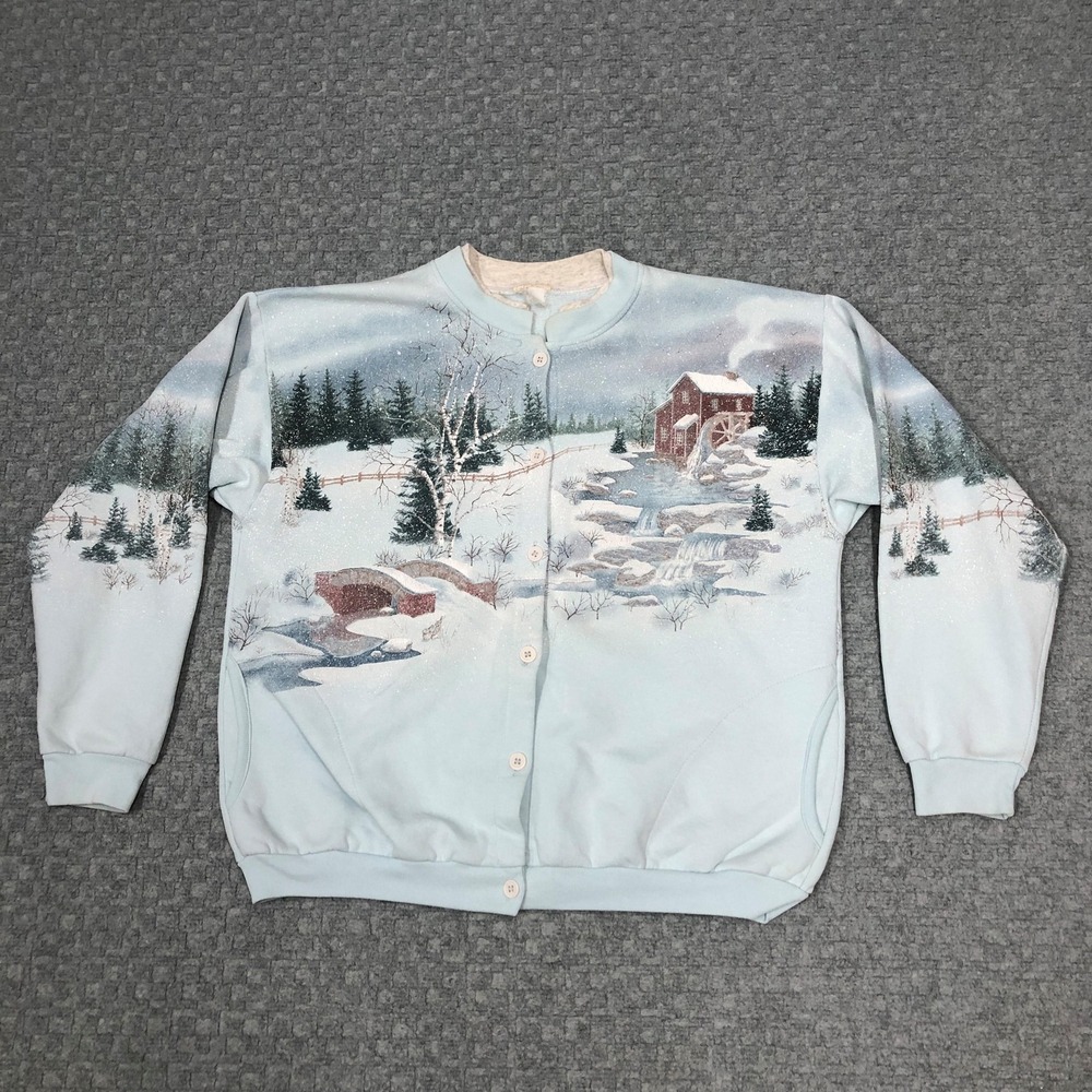 Winter Scene Cardigan Sweater Womens XL Light Blue Button Front Painted Holiday
